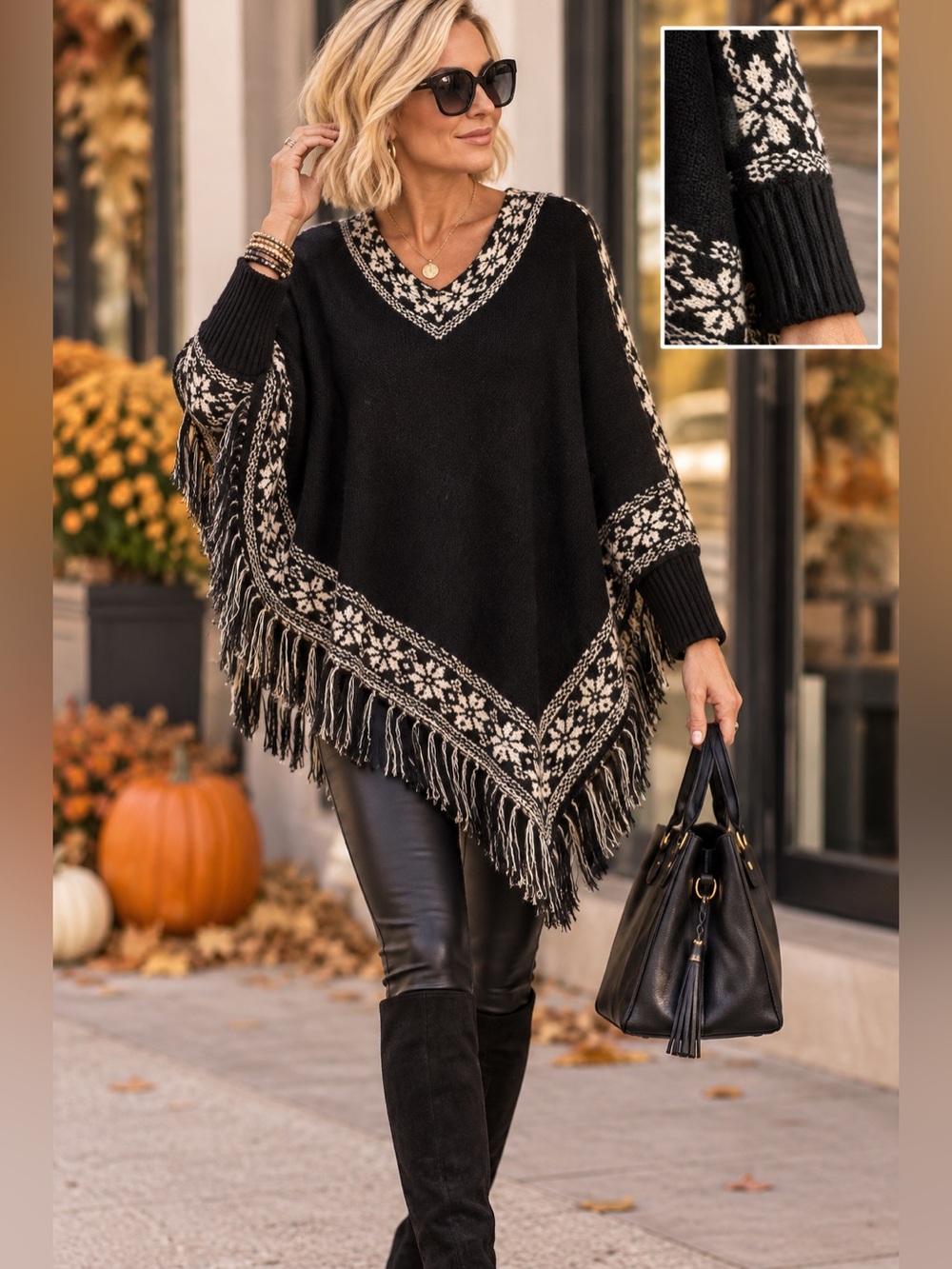 Fringe Poncho Sweater with sleeves